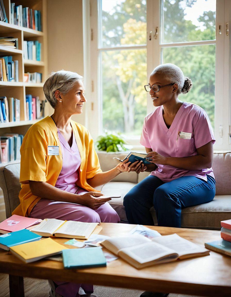 A serene, hopeful scene featuring an oncology patient and a healthcare professional engaged in a supportive conversation, surrounded by educational materials about cancer care and recovery. Bright, uplifting colors dominate the image, with elements like books and a laptop symbolizing knowledge, and sunlight filtering through a window. The atmosphere should convey empowerment and hope. super-realistic. vibrant colors. soft focus.