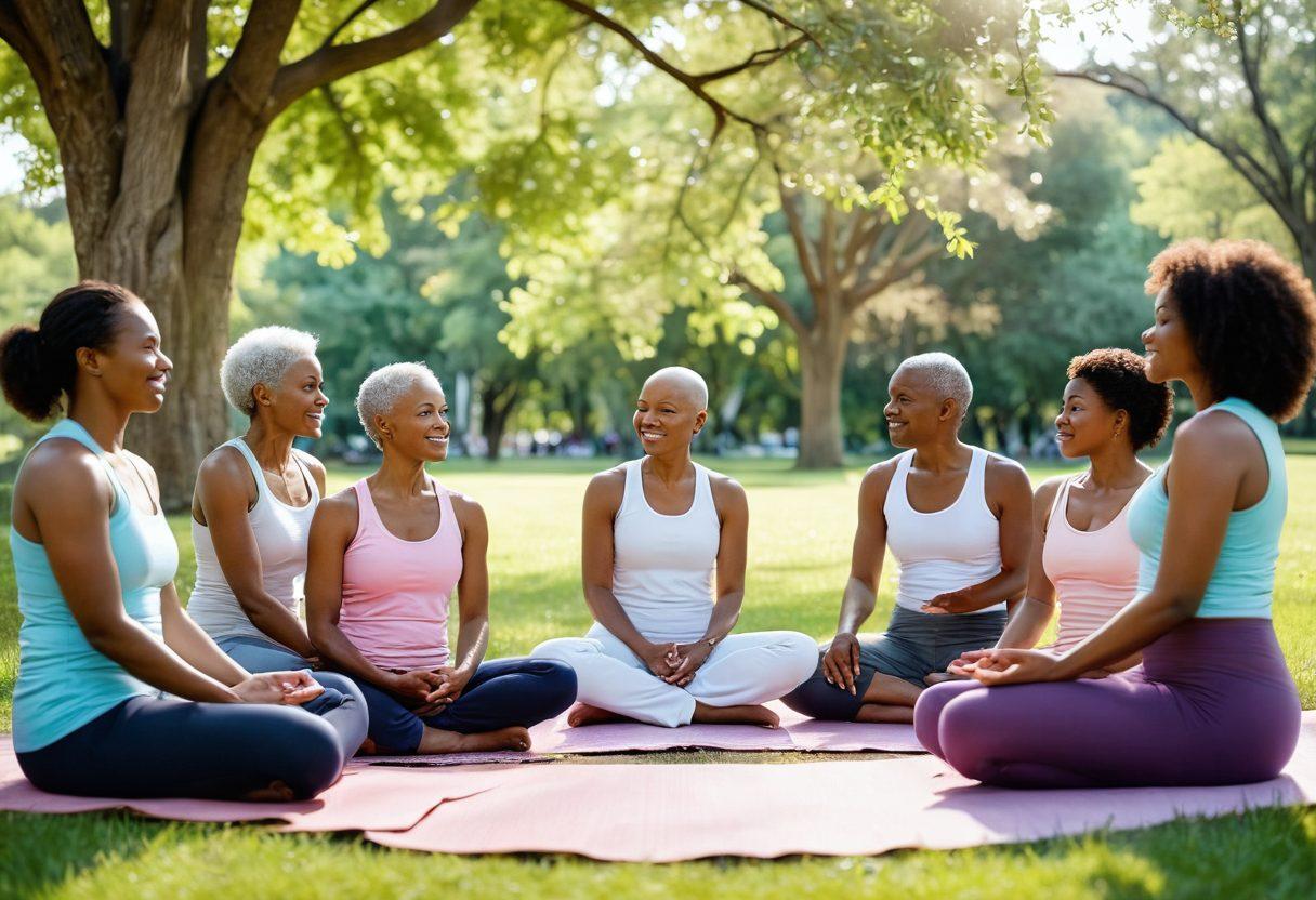 A serene and uplifting scene featuring a diverse group of cancer survivors sharing and exchanging wellness tips in a sunlit park. Include elements of nature, like blooming flowers and trees, symbolizing growth and healing. Add visual representations of holistic healing practices, such as yoga mats, herbal teas, and supportive community interactions. The imagery should evoke feelings of empowerment and hope. super-realistic. vibrant colors. soft-focus background.
