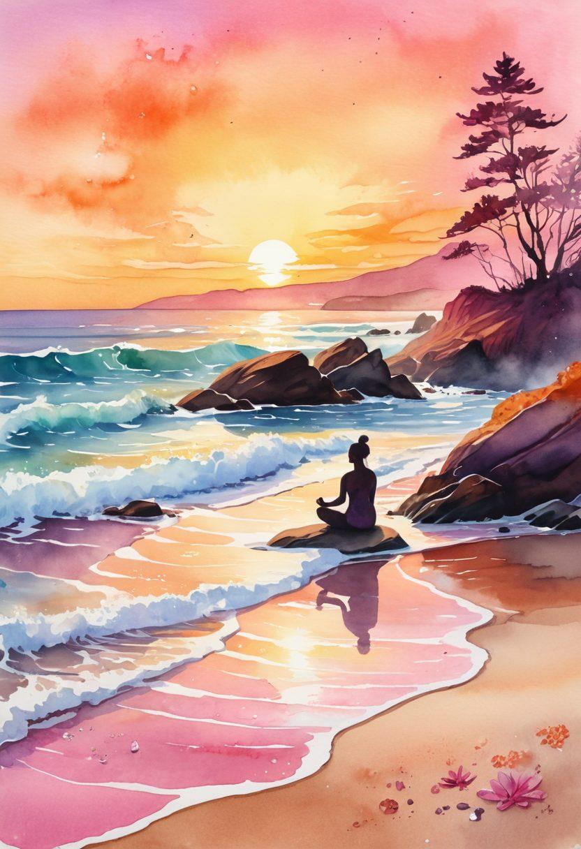 A serene landscape featuring a person meditating on a tranquil beach at sunrise, surrounded by soft waves and gentle breeze. Include symbols of holistic healing like crystals and herbal plants scattered around. Incorporate a warm color palette with shades of orange, pink, and gold to evoke positivity and strength. The person's silhouette should reflect peace and resilience, suggesting a journey of recovery. watercolor painting. vibrant colors.